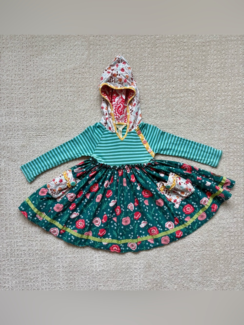 Matilda Jane 2T Teal Striped Hooded Floral Dress with Rose Print